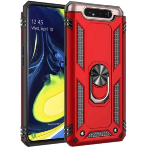 Galaxy A80 Kılıf Tank Yüzüklü Yüksek Korumalı Silikon - Kırmızı