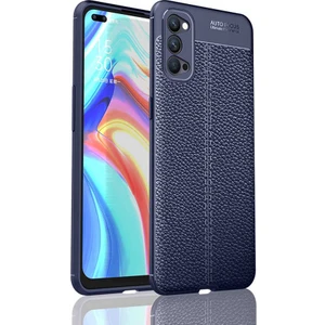 Oppo Reno 4 Kılıf Deri Dokulu Kamera Korumalı Silikon - Lacivert