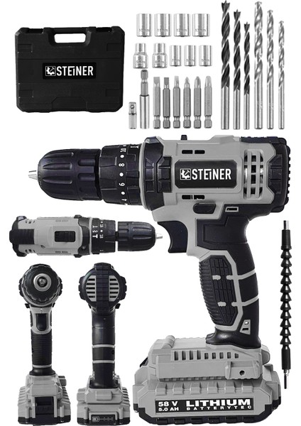 Alman 58 V 5 Ah Darbeli Lityum Çift Akülü Sjs Metal Şanzıman Şarjlı Vidalama Matkap 24 Pcs Set