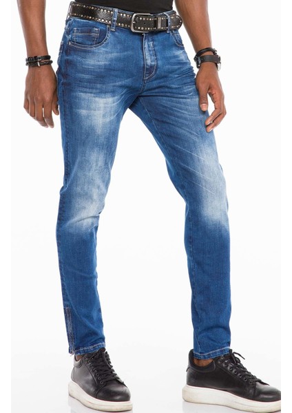 CD502 Paçaları Fermuarlı Yıkamalı Mavi Erkek Dar Jeans