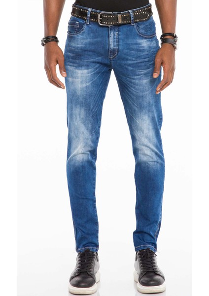 CD502 Paçaları Fermuarlı Yıkamalı Mavi Erkek Dar Jeans