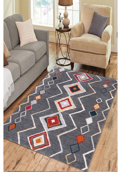 Şönil Kilim Desenli Gri Halı (Makinada Yıkanabilir Kaymaz Dot Taban) - CP1359