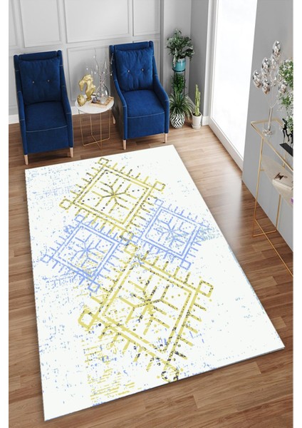 Sarı-Mavi Etnik Desen Halı (Makinada Yıkanabilir Kaymaz Dot Taban) - CP1362