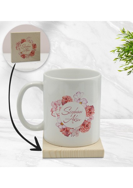 Gift Kişiye Özel Çiçek Tasarımlı Beyaz Kupa Bardak ve Ahşap Bardak Altlığı Hediye Seti - Model 2