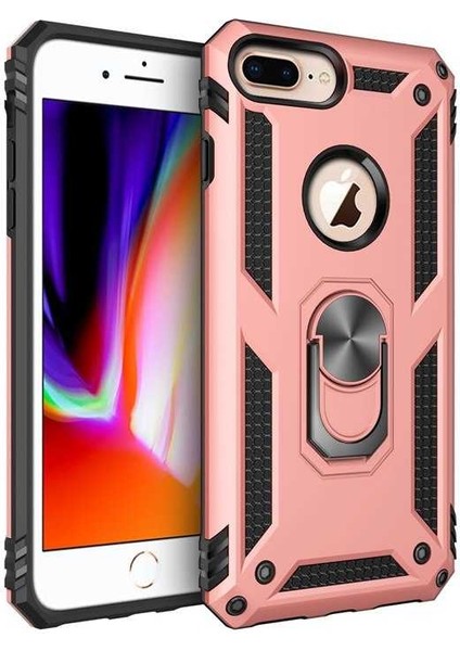Apple iPhone 8 Plus Kılıf Tank Yüzüklü Yüksek Korumalı Silikon - Rose Gold