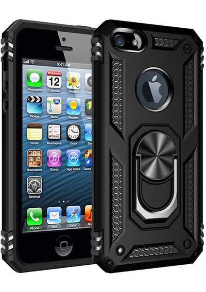 Apple iPhone 5 Kılıf Tank Yüzüklü Yüksek Korumalı Silikon - Siyah