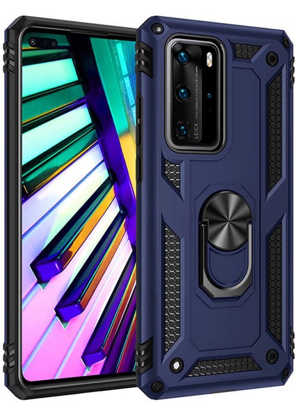 Huawei P40 Pro Kılıf Tank Yüzüklü Yüksek Korumalı Silikon - Mavi