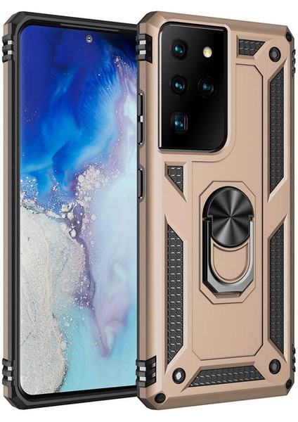 Galaxy S21 Ultra Kılıf Tank Yüzüklü Yüksek Korumalı Silikon - Gold