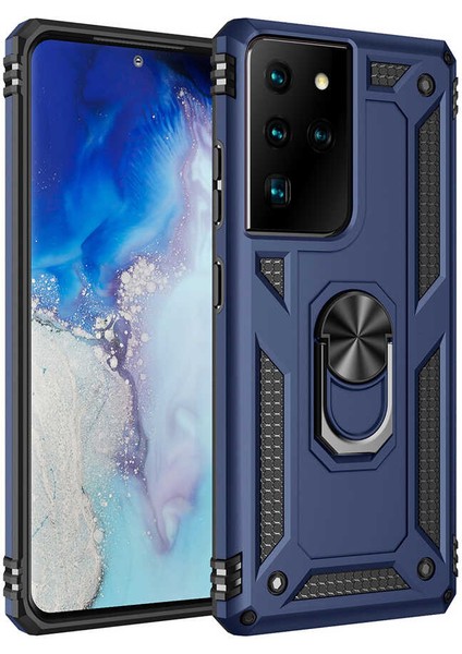 Galaxy S21 Ultra Kılıf Tank Yüzüklü Yüksek Korumalı Silikon - Mavi