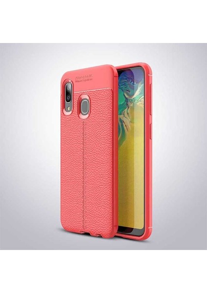 Galaxy A20 Kılıf Deri Dokulu Kamera Korumalı Silikon - Kırmızı