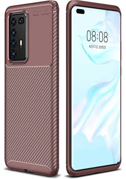 Huawei P40 Pro Kılıf Karbon Dokulu Silikon - Kahverengi