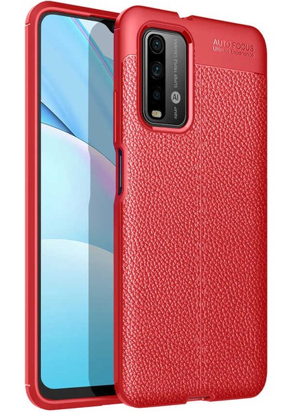 Xiaomi Redmi 9t Kılıf Deri Dokulu Kamera Korumalı Silikon - Kırmızı