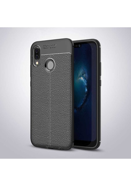 Huawei P20 Lite Kılıf Deri Dokulu Kamera Korumalı Silikon - Siyah