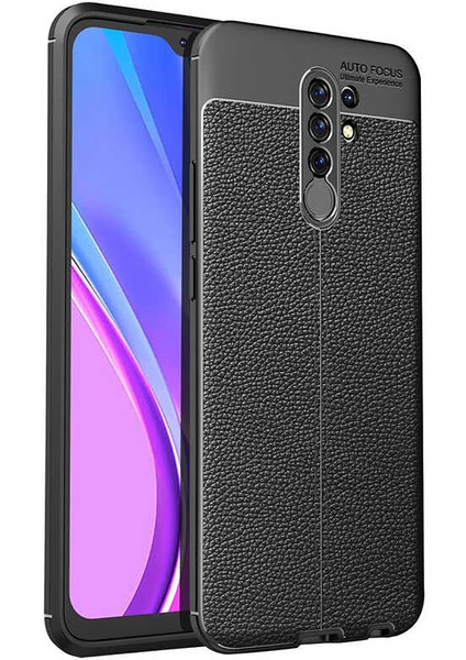 Xiaomi Redmi 9 Kılıf Deri Dokulu Kamera Korumalı Silikon - Siyah