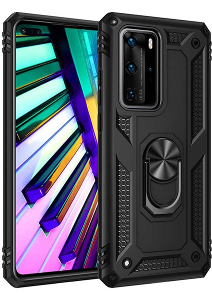 Huawei P40 Pro Kılıf Tank Yüzüklü Yüksek Korumalı Silikon - Siyah