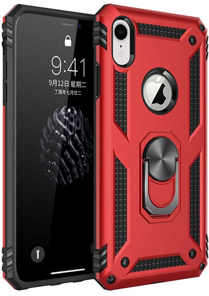 Apple iPhone Xr 6.1 Kılıf Tank Yüzüklü Yüksek Korumalı Silikon - Kırmızı
