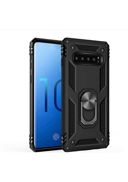 Galaxy S10 Kılıf Tank Yüzüklü Yüksek Korumalı Silikon - Siyah