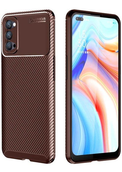 Oppo Reno 4 Kılıf Karbon Dokulu Silikon - Kahverengi