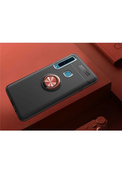 Galaxy A9 2018 Kılıf Yüzüklü Silikon Range - Siyah-Rose Gold