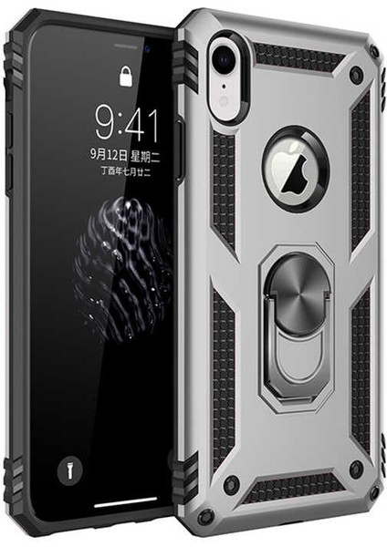 Apple iPhone Xr 6.1 Kılıf Tank Yüzüklü Yüksek Korumalı Silikon - Gri