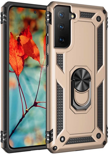 Galaxy S21 Kılıf Tank Yüzüklü Yüksek Korumalı Silikon - Gold