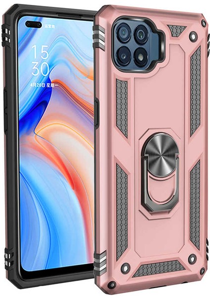 Oppo Reno 4 Lite Kılıf Tank Yüzüklü Yüksek Korumalı Silikon - Rose Gold