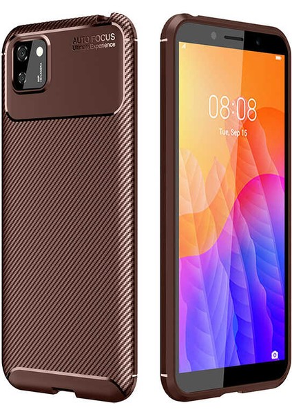 Huawei Y5P Kılıf Karbon Dokulu Silikon - Kahverengi