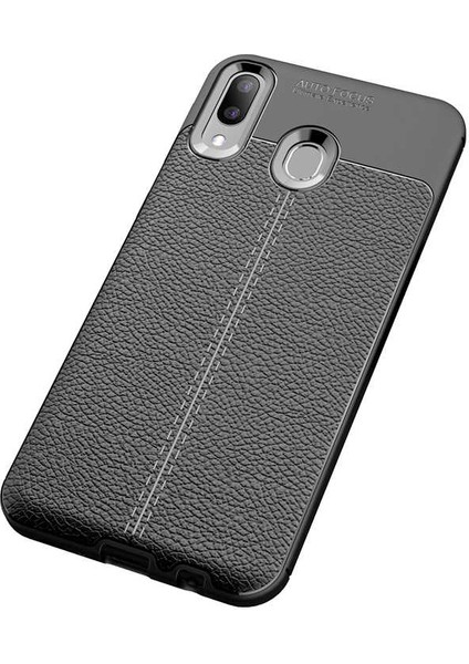 Galaxy M20 Kılıf Deri Dokulu Kamera Korumalı Silikon - Siyah