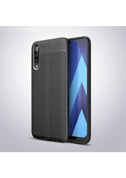 Galaxy A70 Kılıf Deri Dokulu Kamera Korumalı Silikon - Siyah
