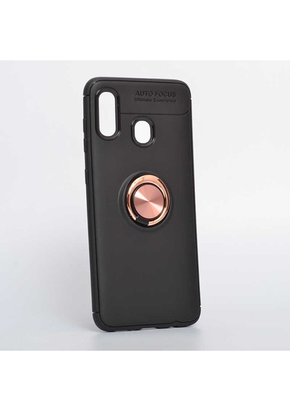 Galaxy A20 Kılıf Yüzüklü Silikon Range - Siyah-Rose Gold
