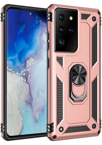 Galaxy S21 Ultra Kılıf Tank Yüzüklü Yüksek Korumalı Silikon - Rose Gold