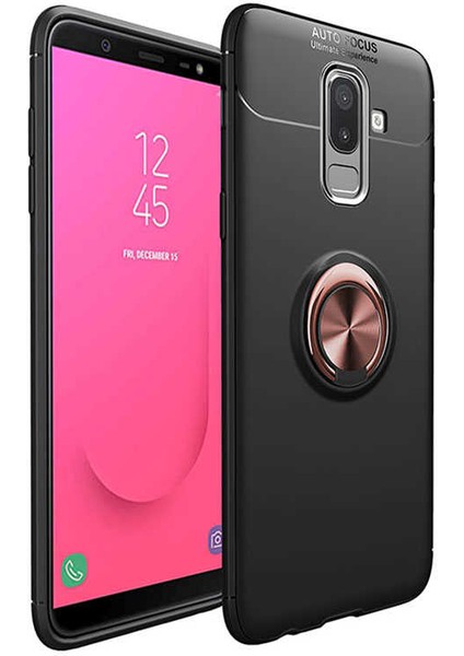 Galaxy J8 Kılıf Yüzüklü Silikon Range - Siyah-Rose Gold