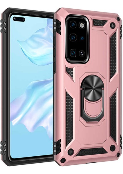 Huawei P40 Kılıf Tank Yüzüklü Yüksek Korumalı Silikon - Rose Gold