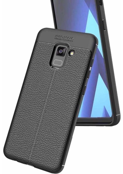 Galaxy A8 Plus 2018 Kılıf Deri Dokulu Kamera Korumalı Silikon - Siyah