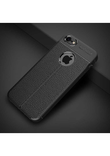 Apple iPhone 5 Kılıf Deri Dokulu Kamera Korumalı Silikon - Siyah