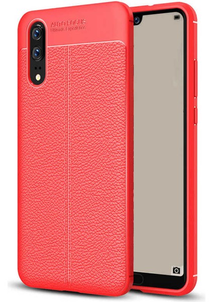 Huawei P20 Kılıf Deri Dokulu Kamera Korumalı Silikon - Kırmızı
