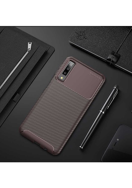 Galaxy A9 2018 Kılıf Karbon Dokulu Silikon - Kahverengi