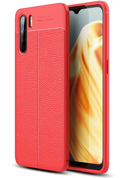 Oppo A91 Kılıf Deri Dokulu Kamera Korumalı Silikon - Kırmızı