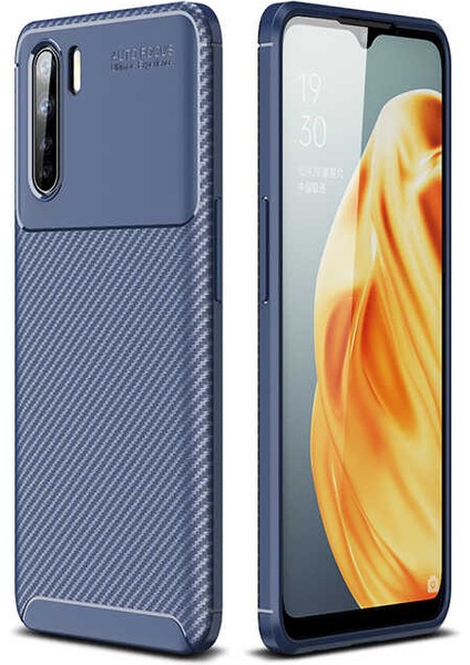 Oppo Reno 3 Kılıf Karbon Dokulu Silikon - Lacivert
