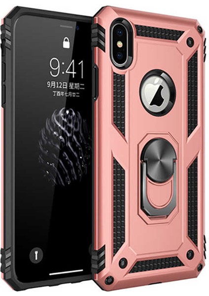 Apple iPhone x Kılıf Tank Yüzüklü Yüksek Korumalı Silikon - Rose Gold