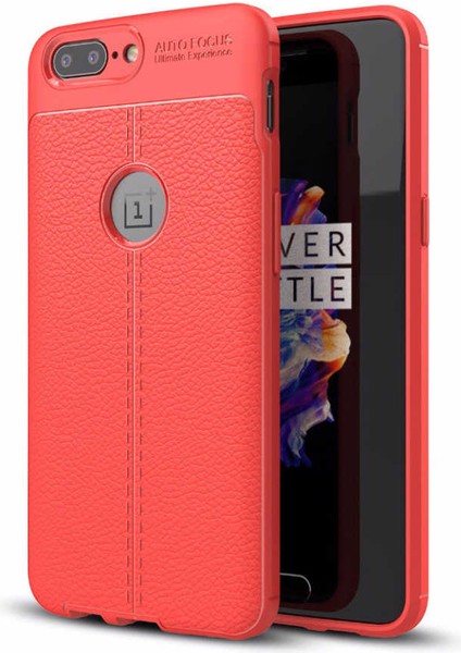 One Plus 5 Kılıf Deri Dokulu Kamera Korumalı Silikon - Kırmızı