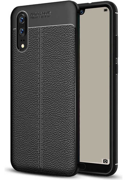 Huawei P20 Kılıf Deri Dokulu Kamera Korumalı Silikon - Siyah