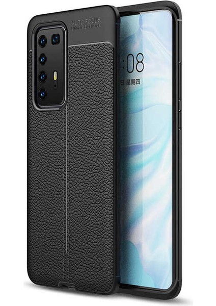 Huawei P40 Pro Kılıf Deri Dokulu Kamera Korumalı Silikon - Siyah