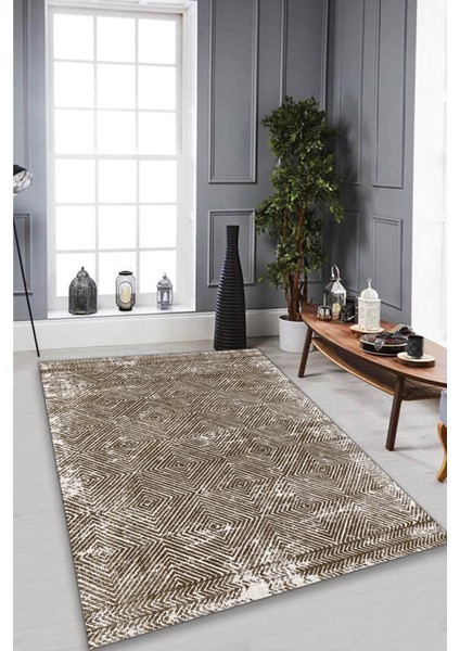 Silik Labirent Desenli Kahve Halı (Makinada Yıkanabilir Kaymaz Dot Taban) - ES1332