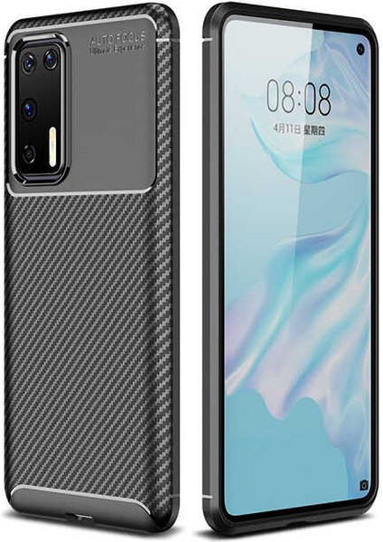 Huawei P40 Kılıf Karbon Dokulu Silikon - Siyah