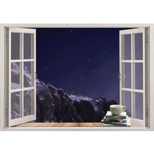 Renkselart Pencere Karlı Dağ Yıldızlı Gece Duvar Sticker