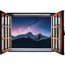 Renkselart Pencere Karlı Dağ Yıldızlı Gökyüzü Duvar Sticker