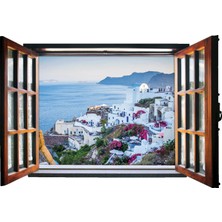 Renkselart Pencere Deniz Manzarası Beyaz Evler Tatil Duvar Sticker