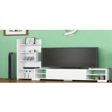 BMdekor TV Ünitesi Perde Kitaplıklı Beyaz