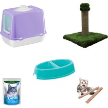 Petfony Kapalı Kedi Tuvaleti,Yaş Mama,İkili Mama Kabı,Tırmalama